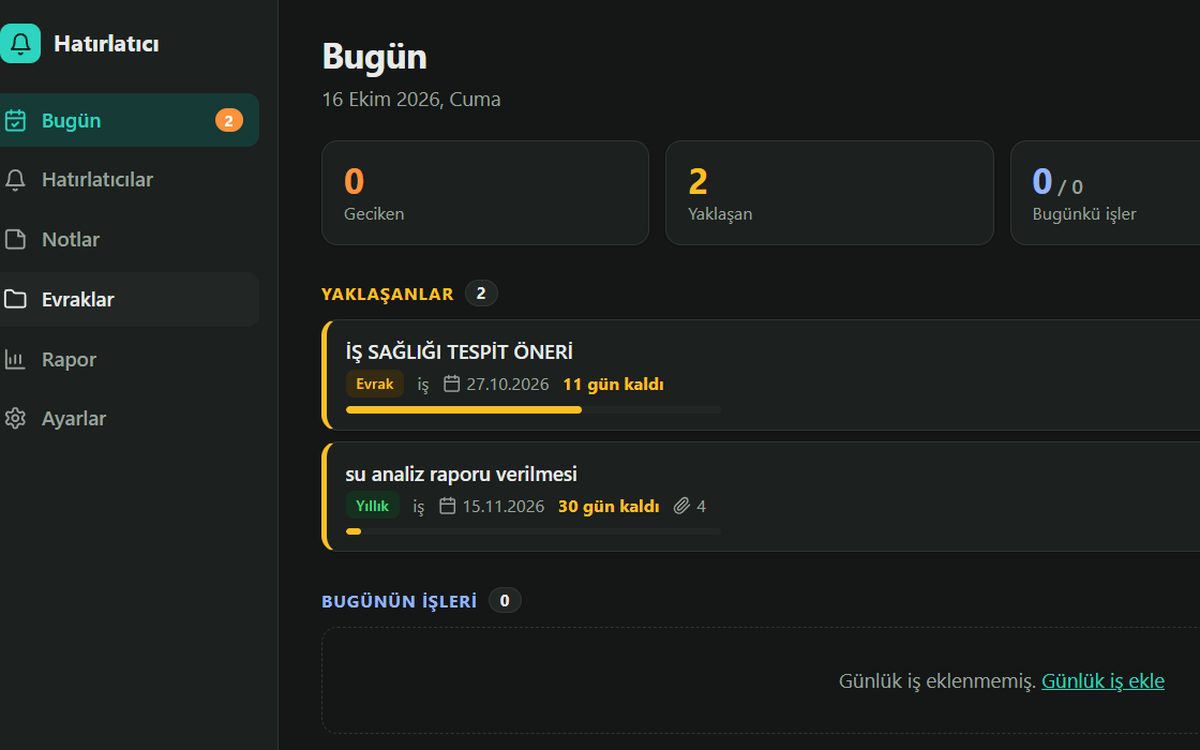 Hatırlatıcı paneli ekran görüntüsü